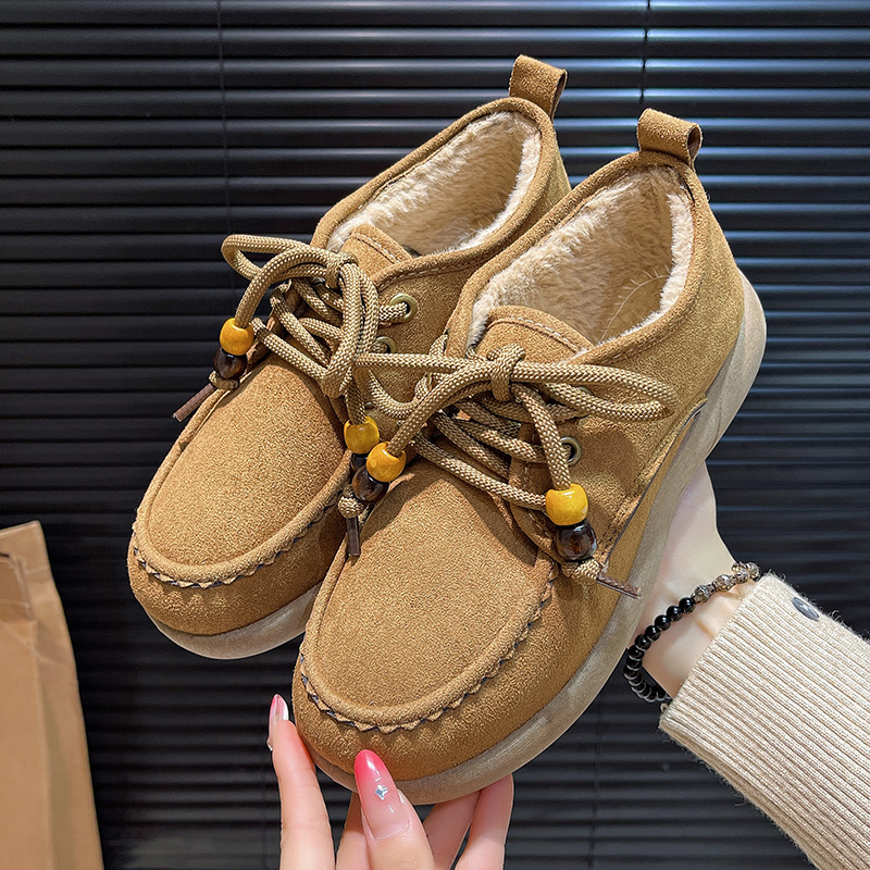 勃肯鞋加绒女软底复古秋冬鞋子厚底豆豆平底保暖毛毛棉鞋