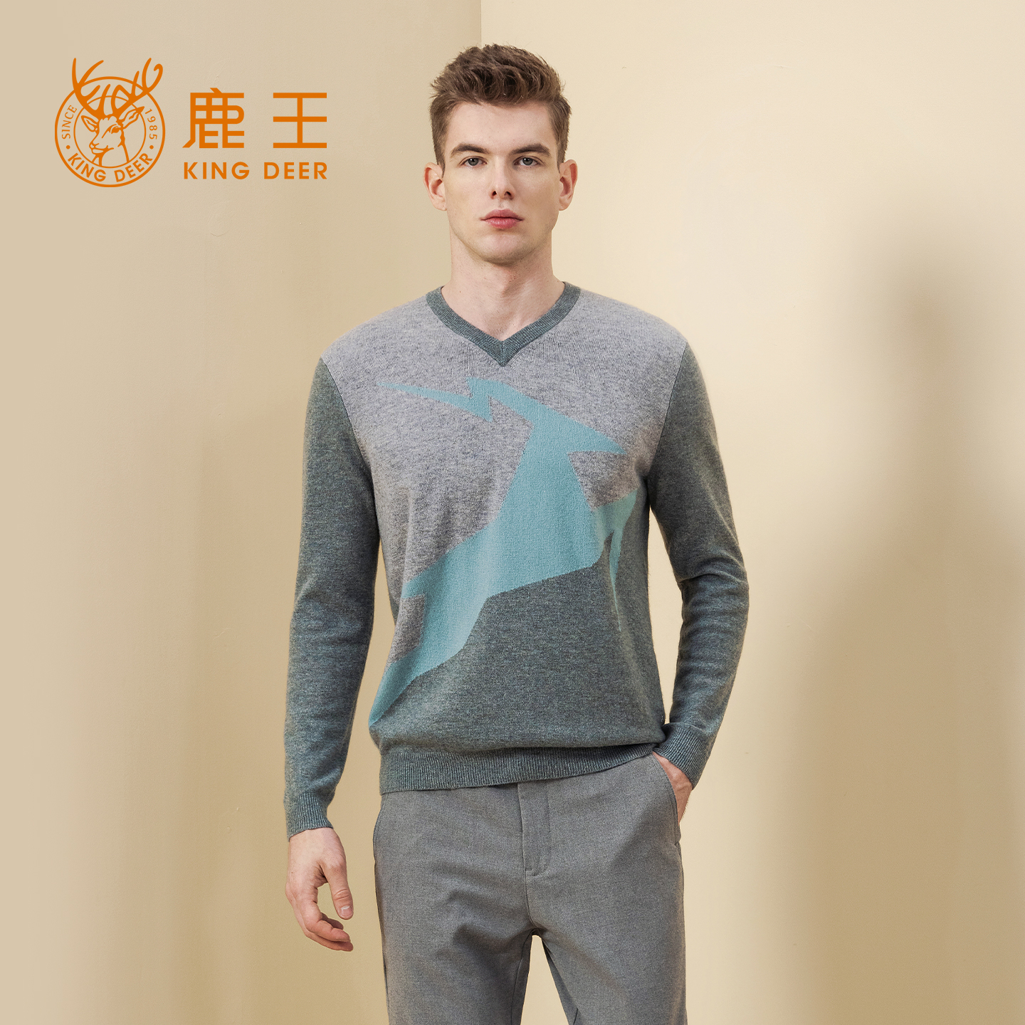鹿王羊绒衫男士轻商务小V领内搭针织衫平面提花日常百搭亲肤保暖
