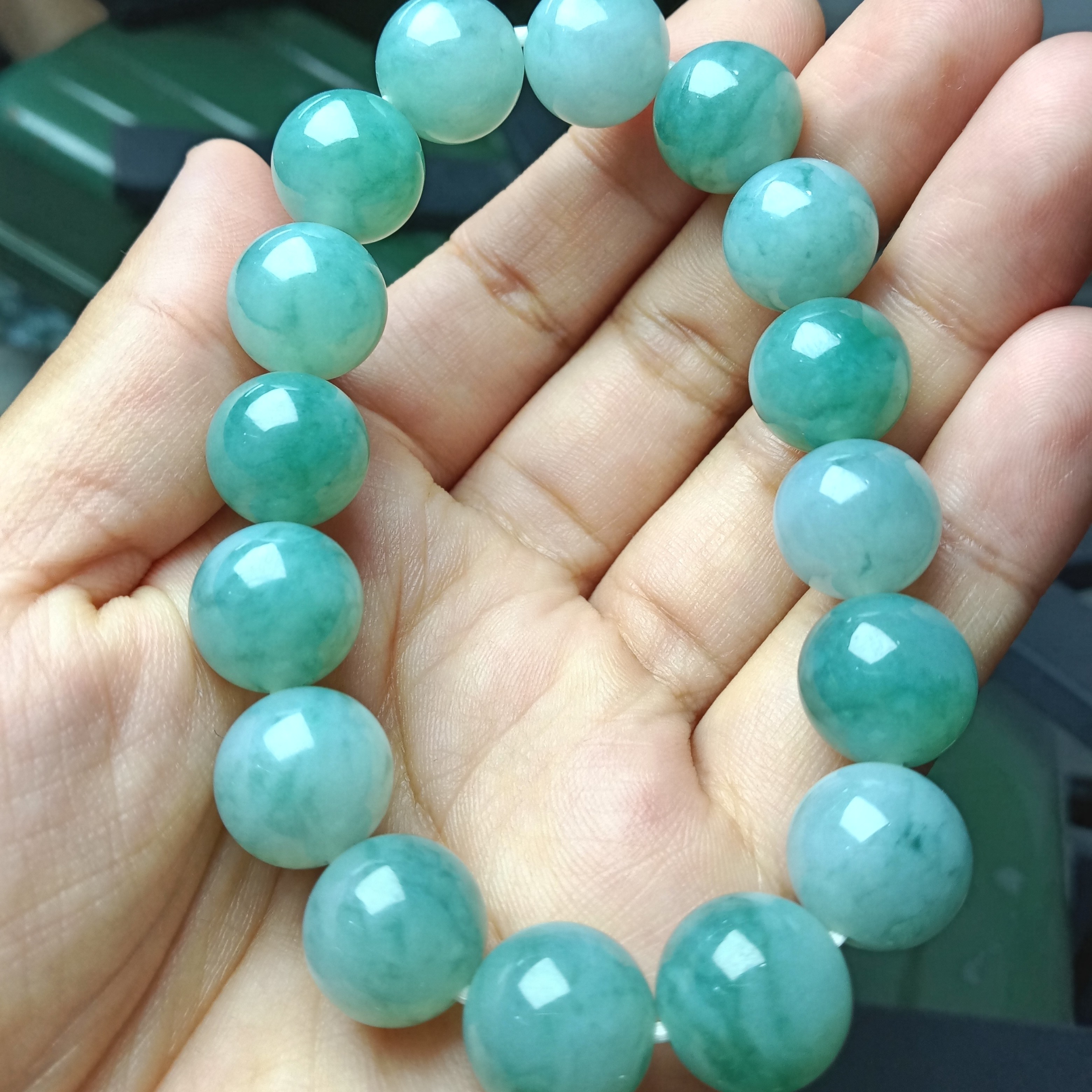 缅甸翡翠A货 糯冰种飘花女士手链12.8mm/16颗