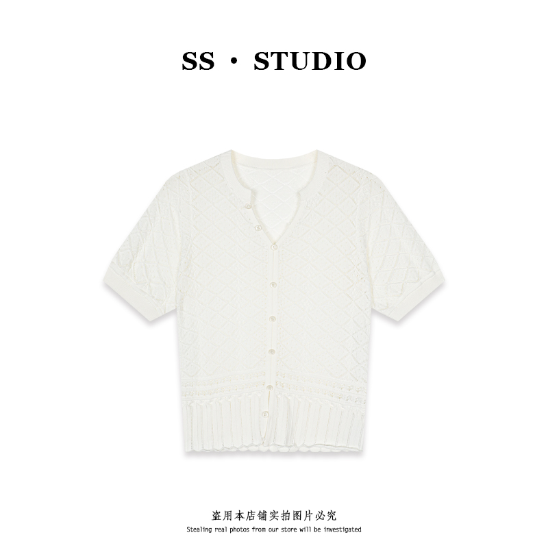 【SUSU】小香风气质白色镂空V领针织衫夏季新款短袖套头上衣SS-5500