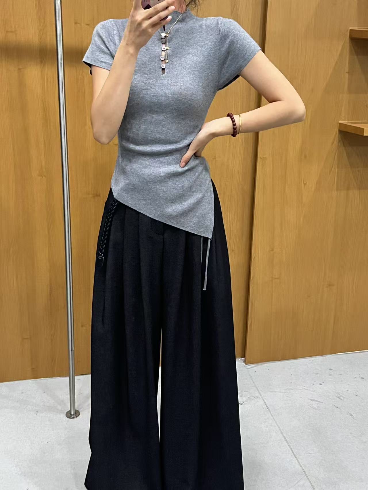 2025早秋高级感百搭两穿抽绳女装修身短袖毛两穿抽绳