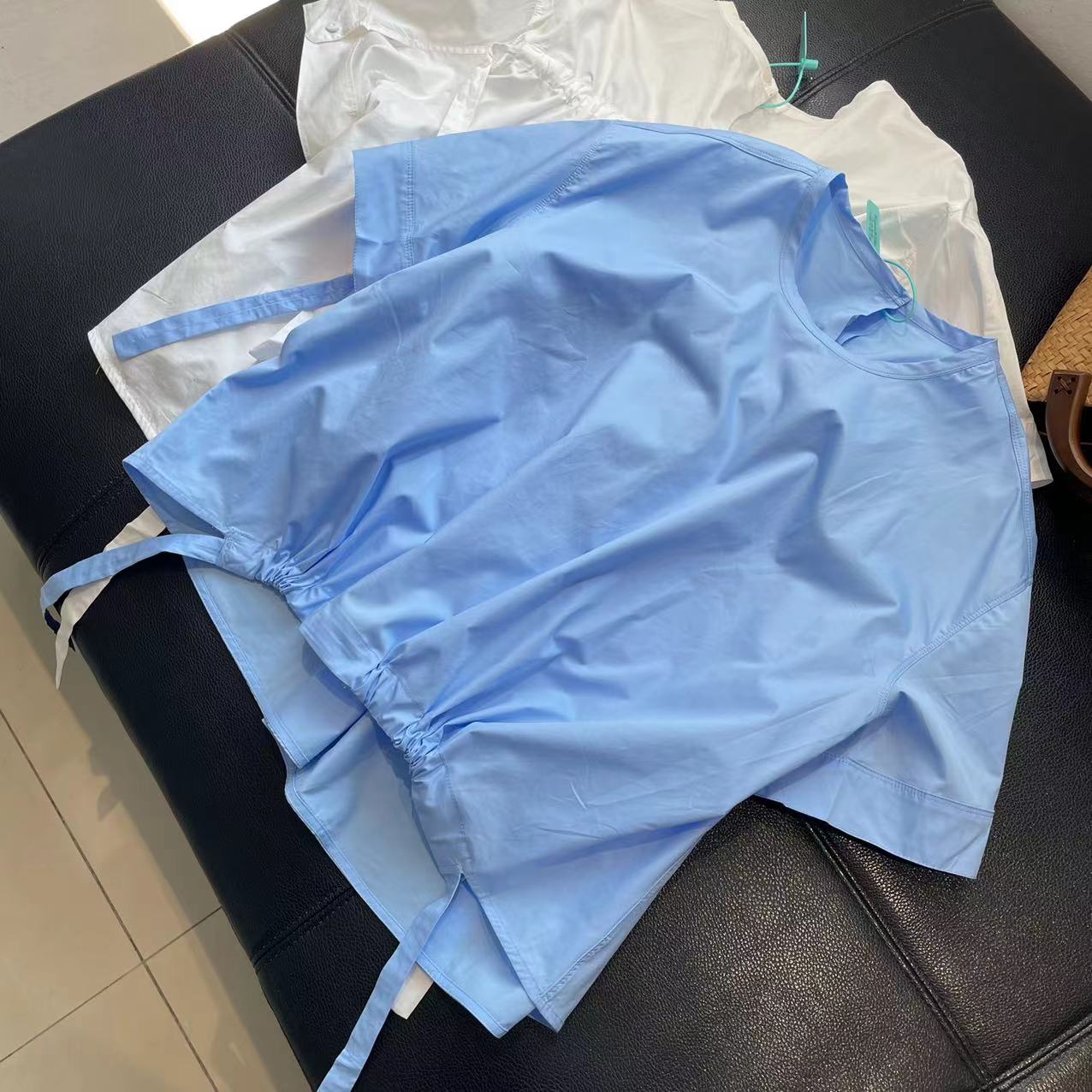 CS401夏装新款圆领短袖宽松设计师款抽绳套头衬衫女士