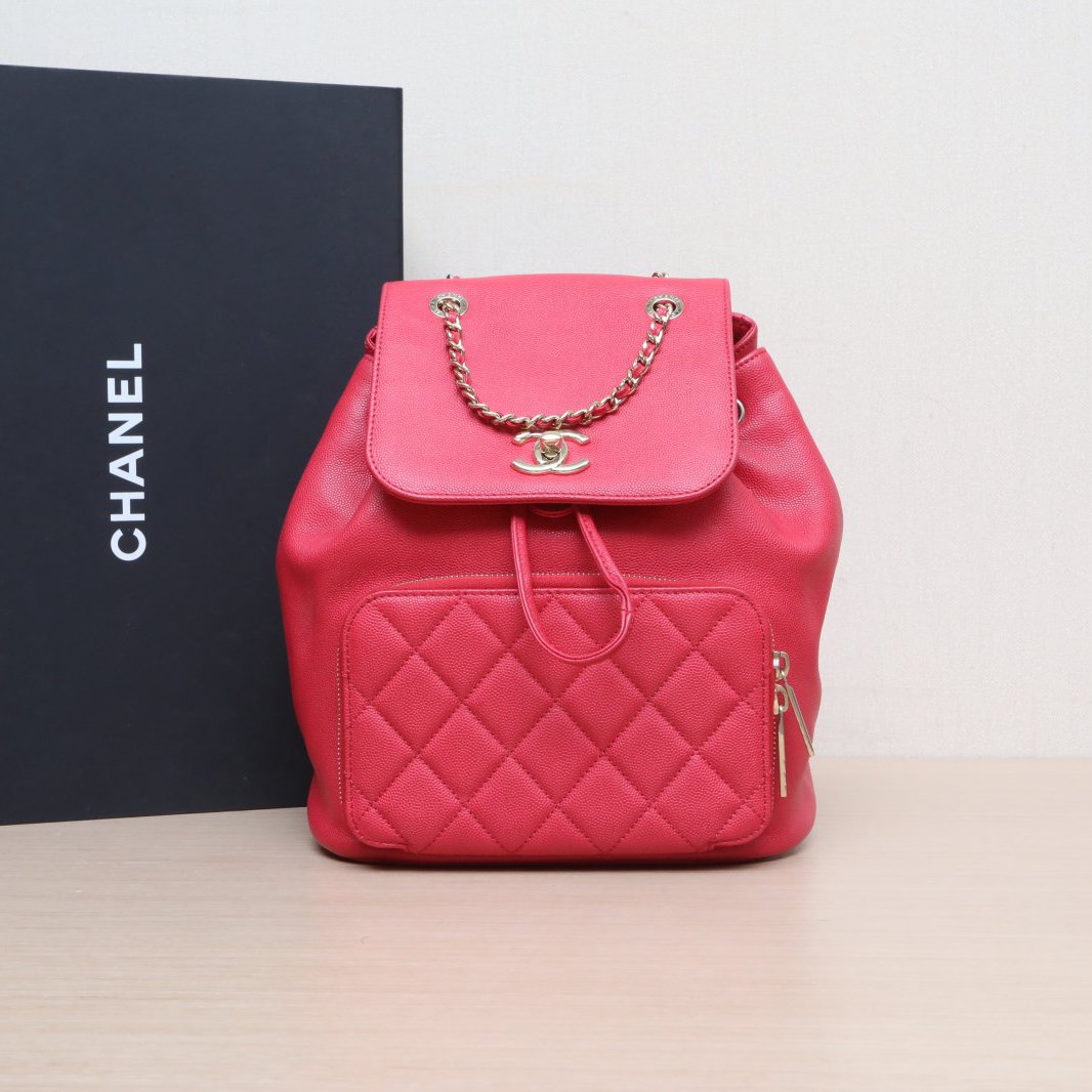 95新 Chanel/香奈儿 【娇】双肩包 红色 皮革C 24开 浅金扣 563490