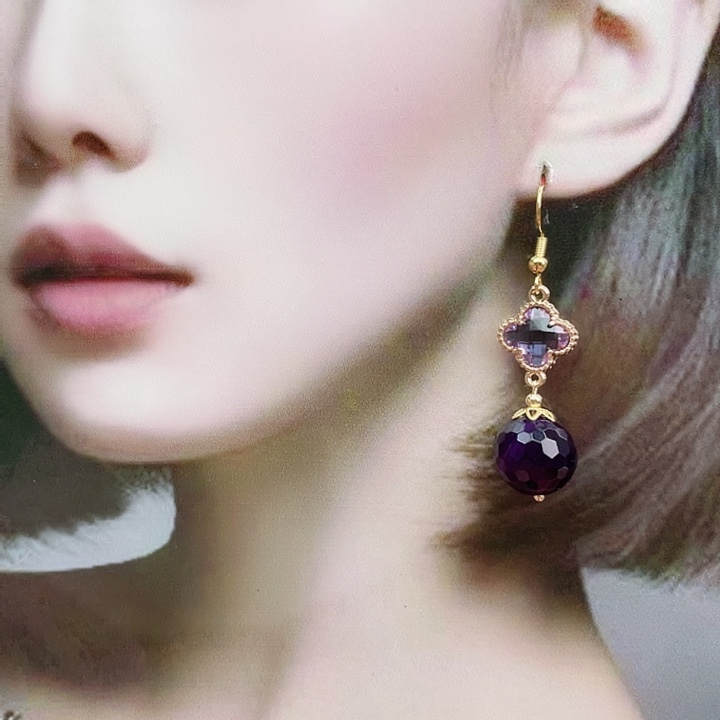 玛瑙/玉髓耳钉合金紫玛瑙刻面