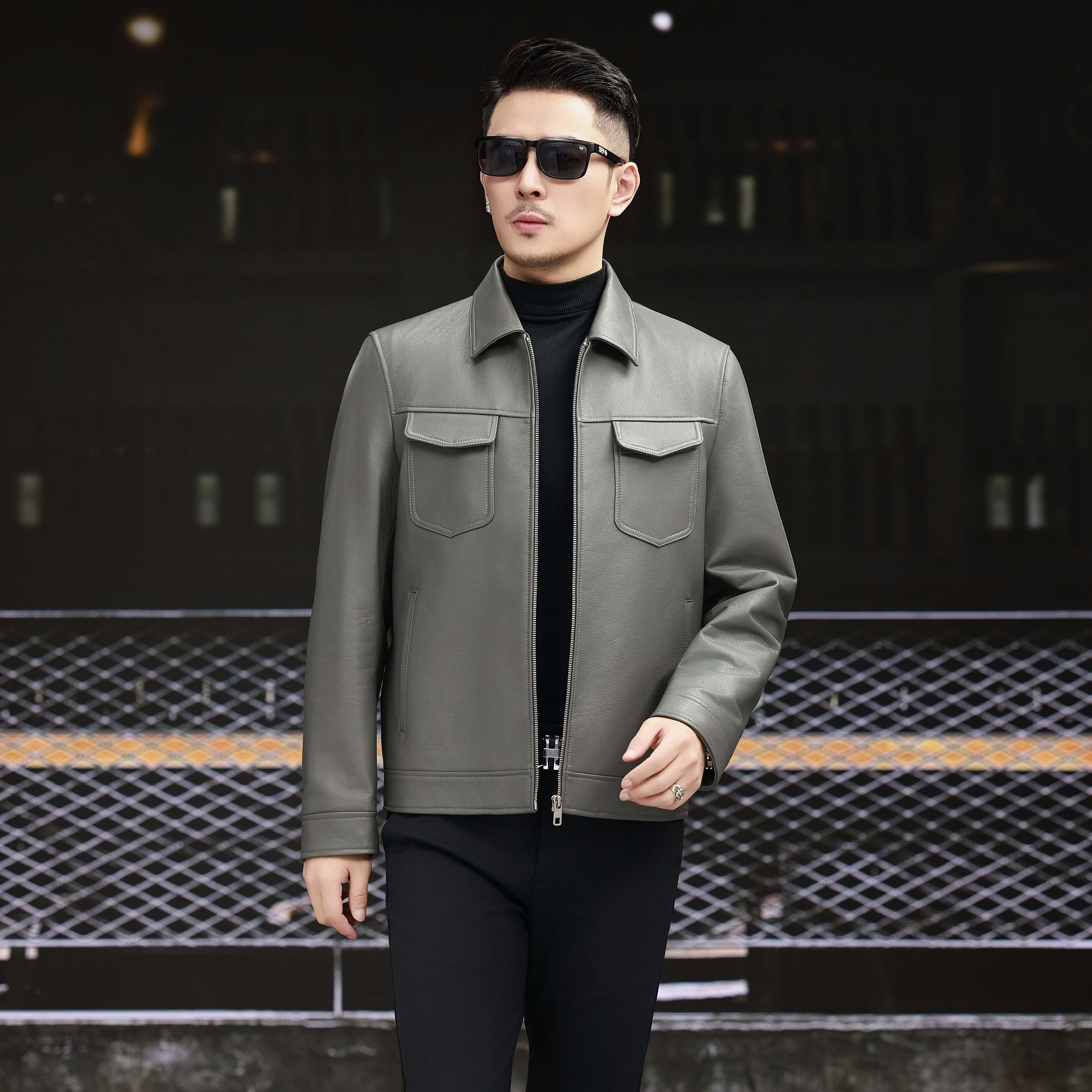 【名驰精选】海宁春秋新款男士真皮头层牛皮商务休闲夹克25807-1