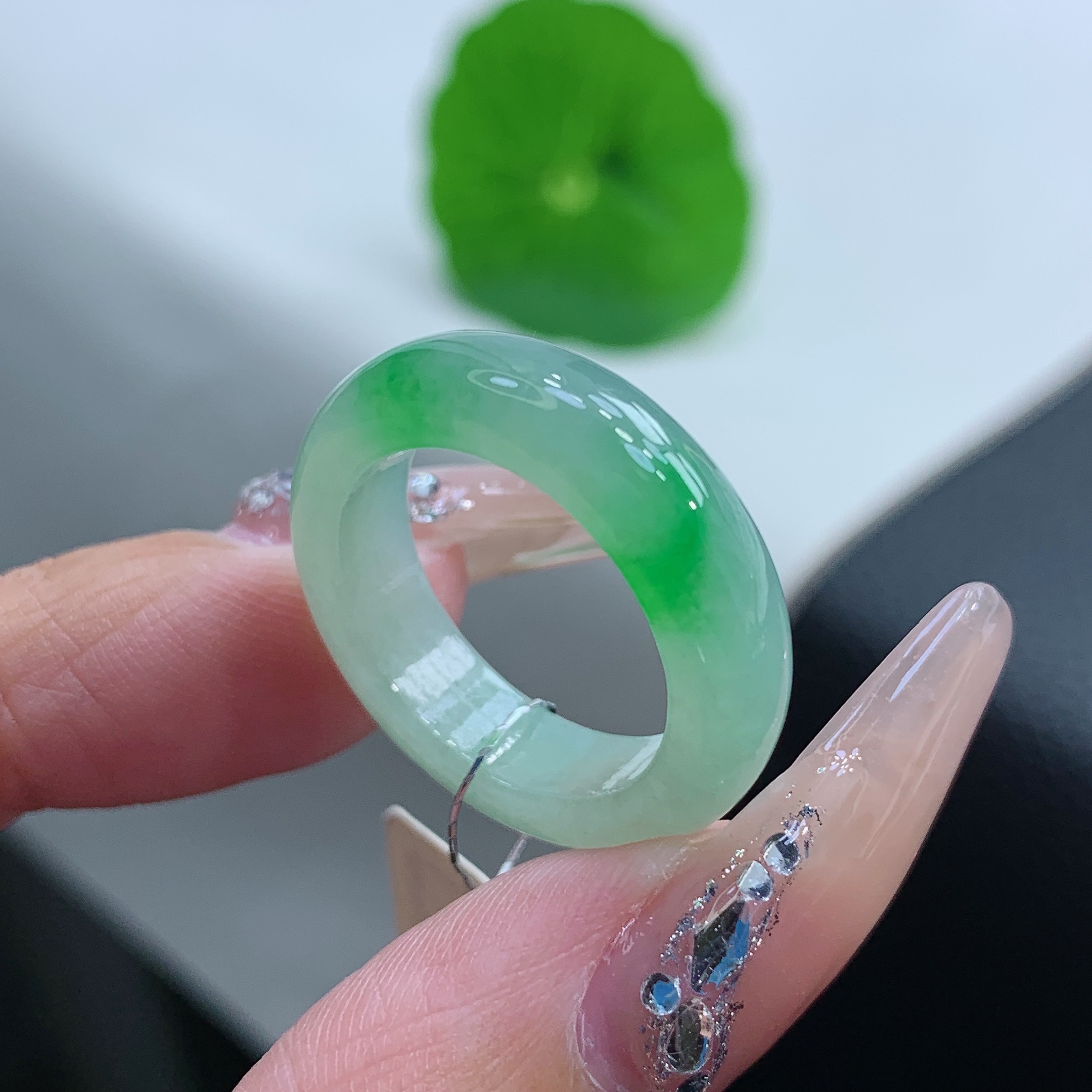 14-15号 缅甸天然A货 冰种飘阳绿花翡翠戒指指环 内径17-5.8-3.8