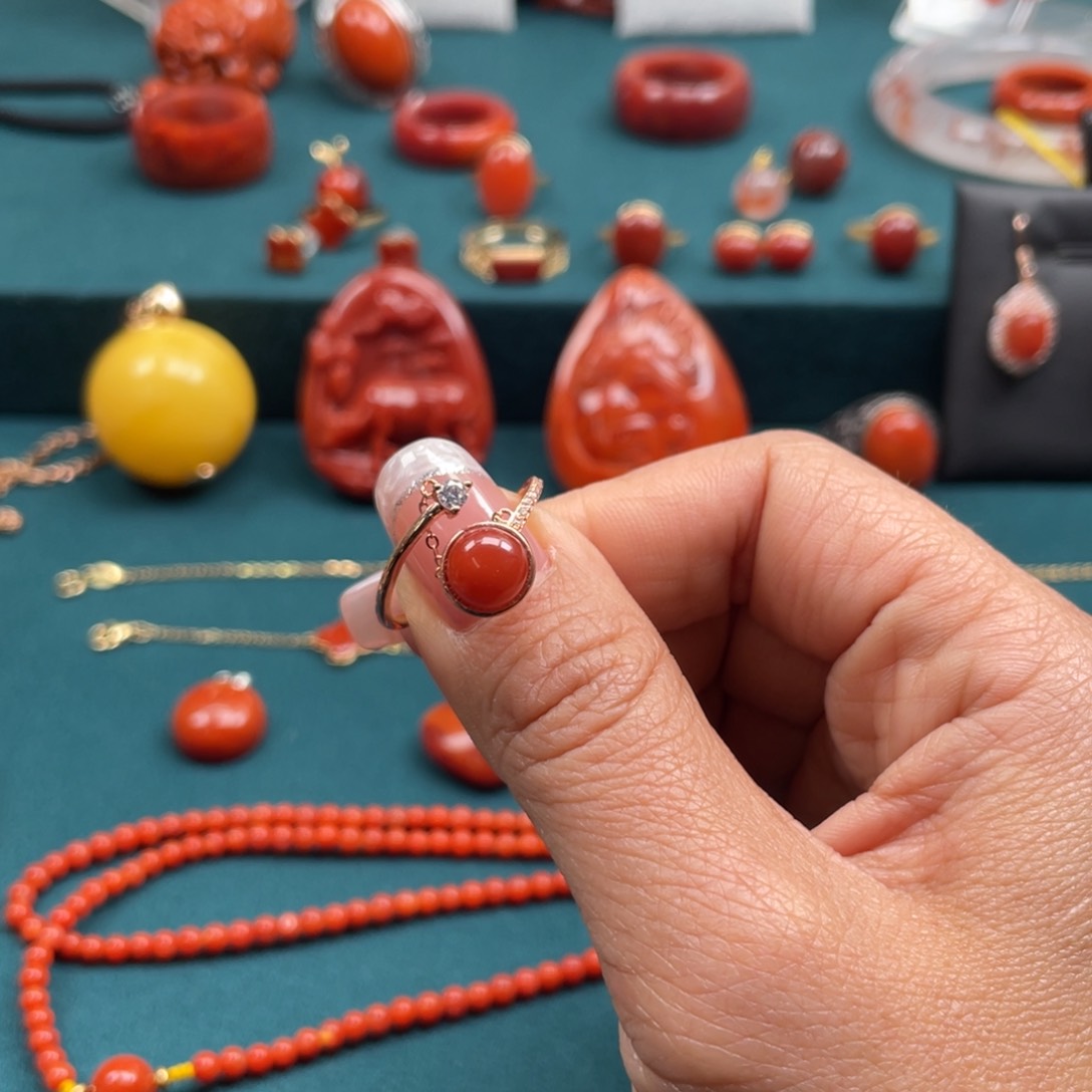 南红玛瑙南红戒指银S925镀金镶嵌