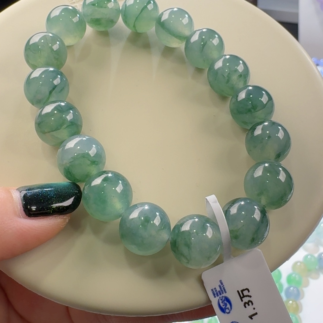 翡翠手链未镶嵌冰飘绿花手串卡11.8-12 烟青色！大漏强推