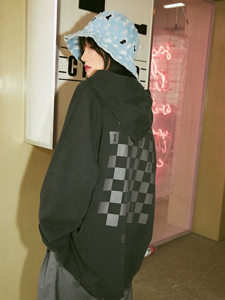 SHOOTBRAND水洗棋盘格连帽卫衣