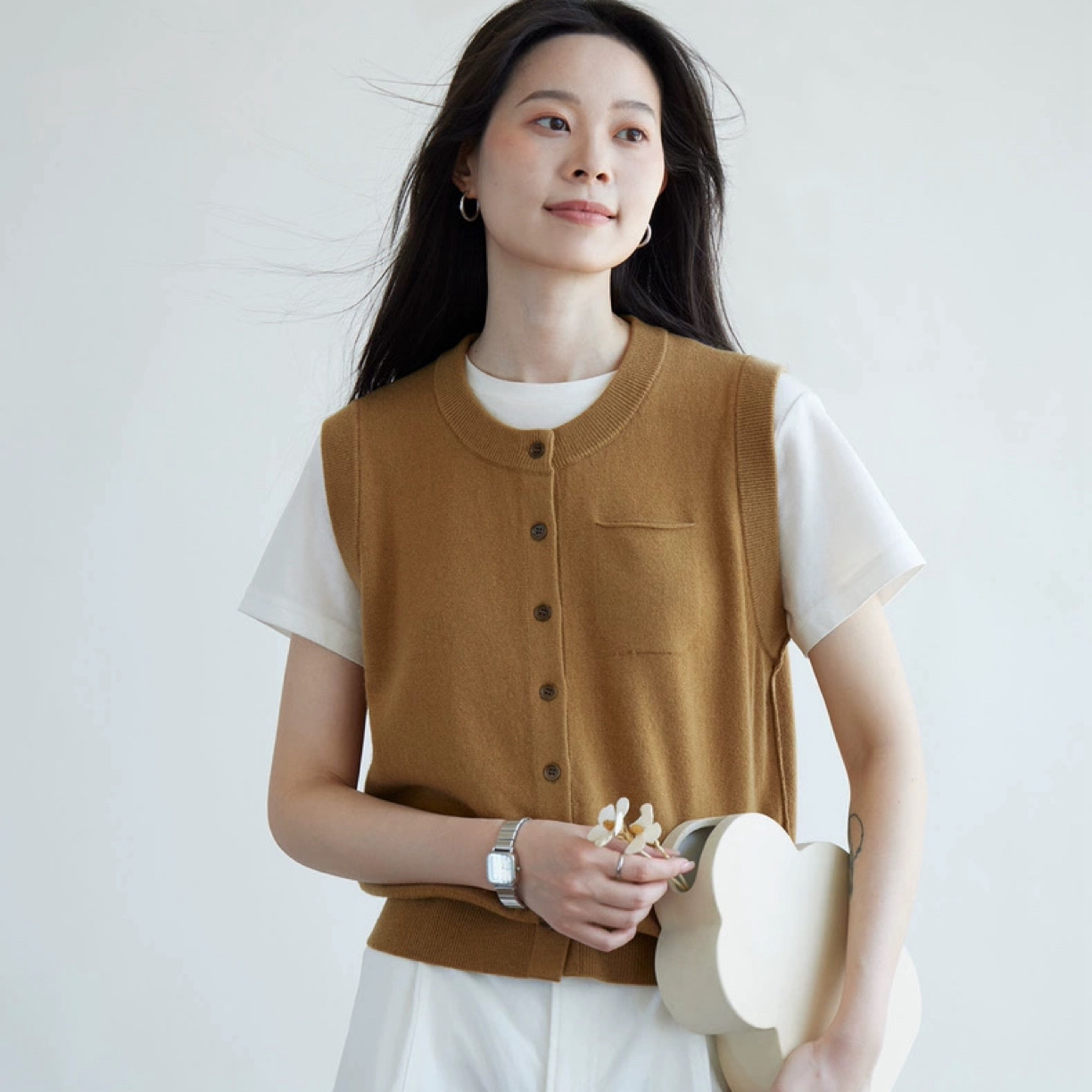 经典简约～12针26支100羊毛圆领单排扣针织马甲背心女秋冬叠穿外套