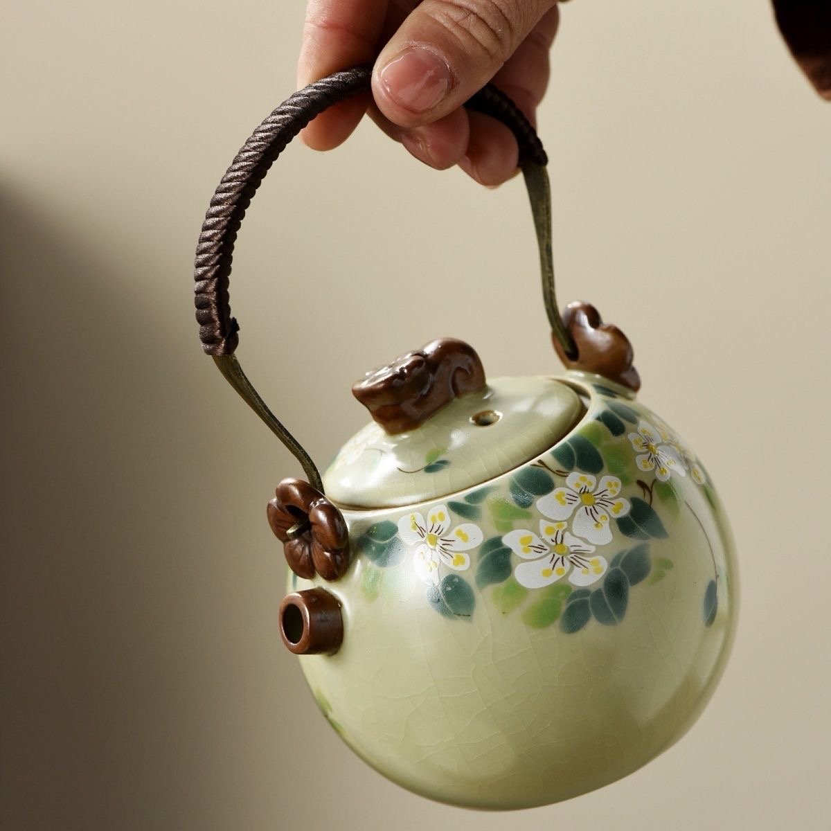 黄汝山茶花提梁壶汝窑开片可养陶瓷大容量茶壶250毫升