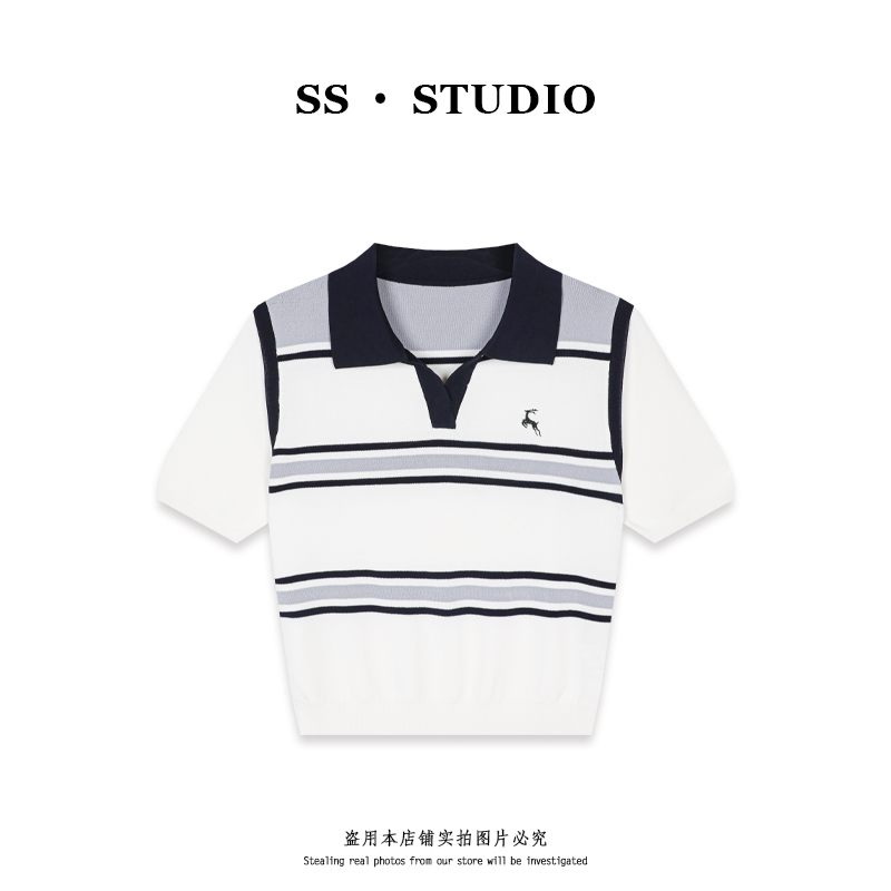 【SUSU】条纹撞色针织衫夏季凉感丝翻领时尚套头短袖上衣SS-5510