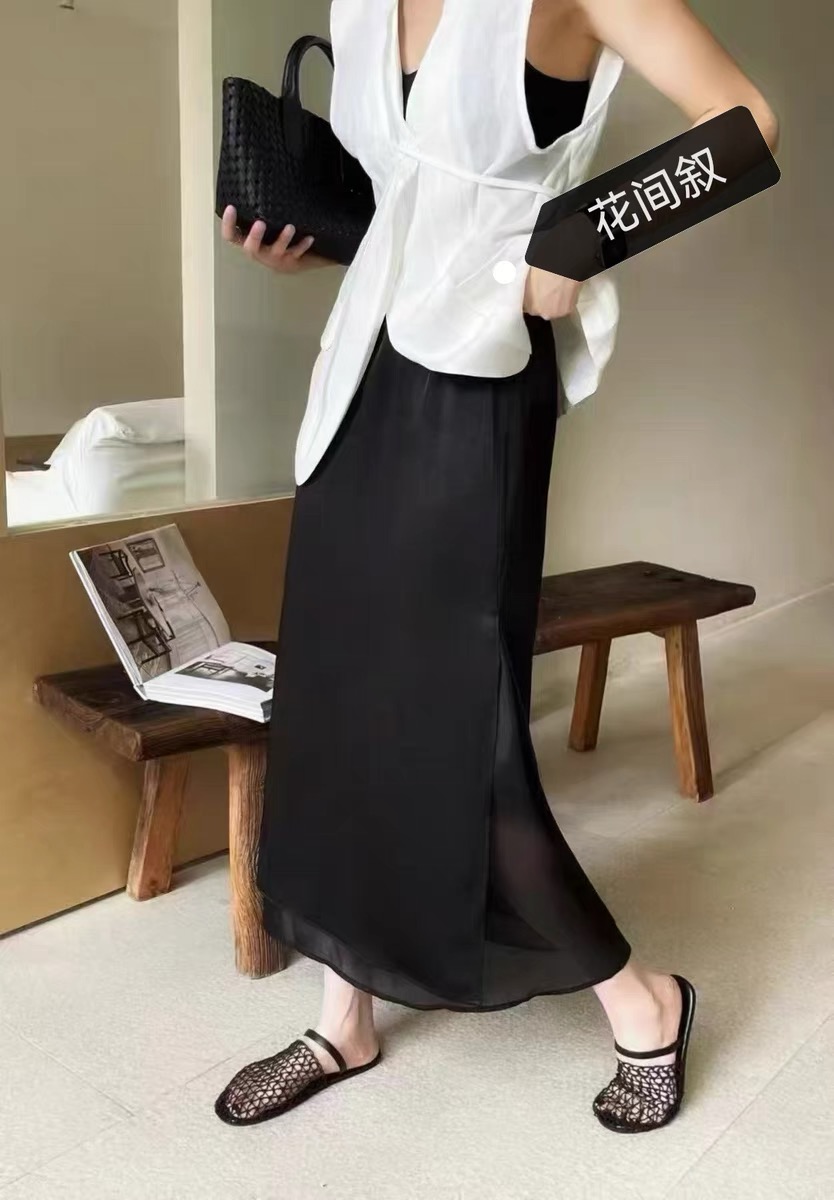 醋酸缎面侧开叉松紧腰显瘦中长款A字双层半身裙女