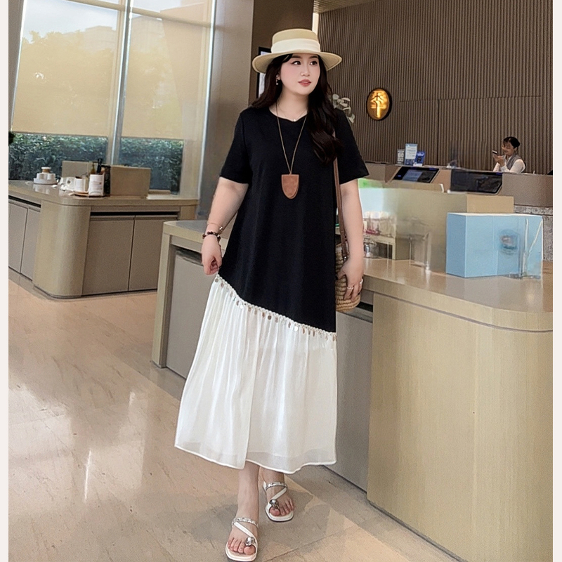 设计感假两件撞色拼接网纱宽松T恤裙女夏季宽松连衣裙潮252600