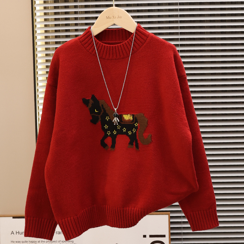 马年红色儿童毛衣2026新款男女童秋冬装加厚百搭针织衫宽松休闲潮