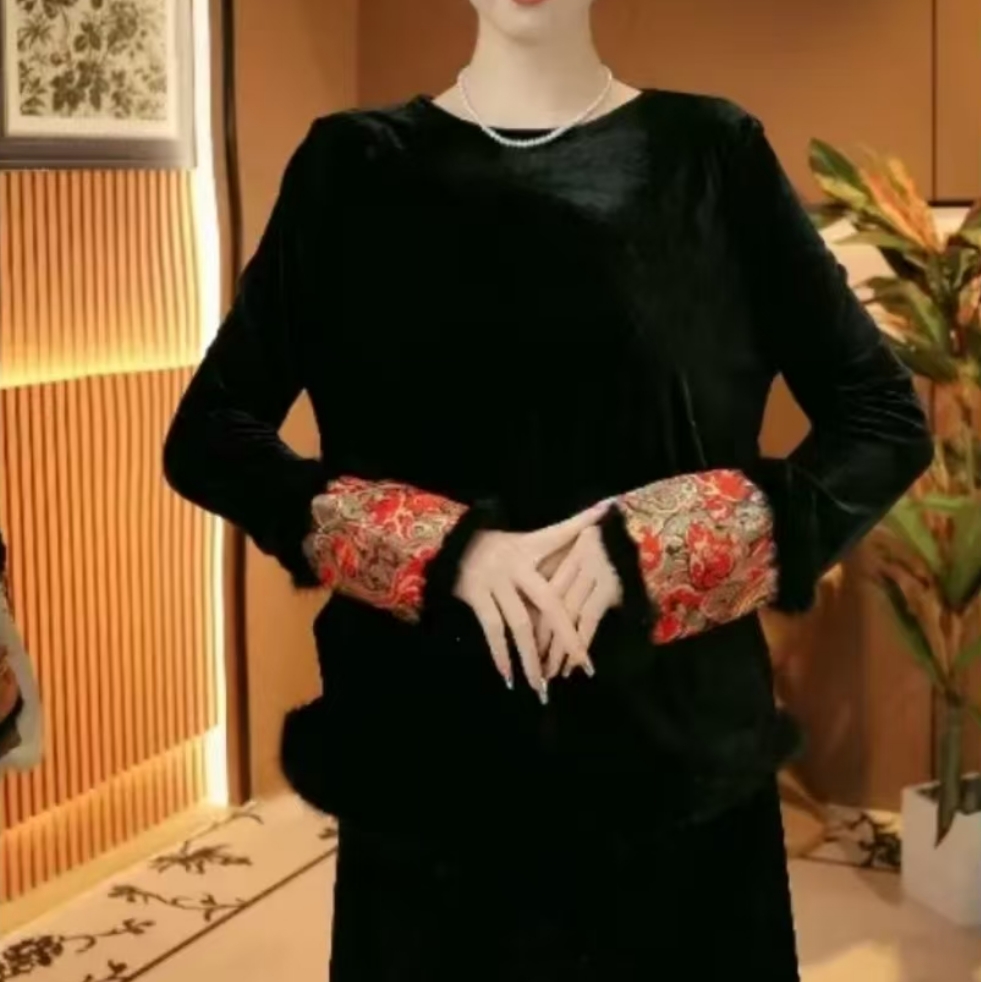 毛袖口秋冬新中式女国风刺绣袖口百搭上衣2024d8113开开