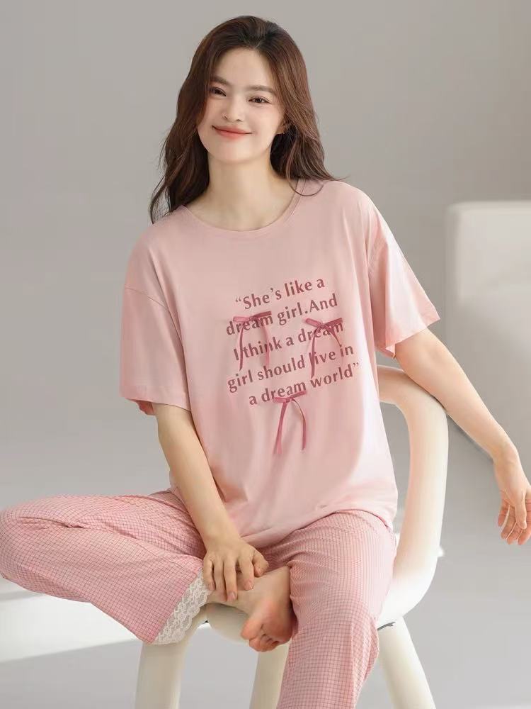 8083夏季女士纯棉睡衣套装短袖长裤睡衣女套装女士家居服可外穿
