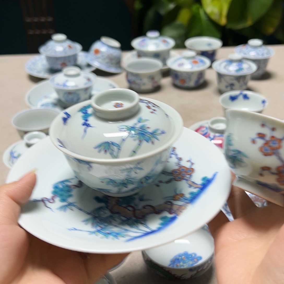 彭***理盖碗杯子壶承青花斗彩