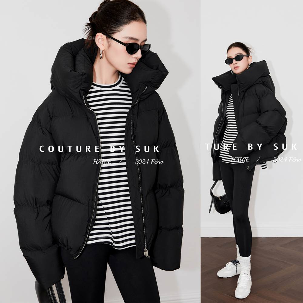 SUK【暖冬新姿】90白鹅绒时尚短款帽领一体连帽宽松羽绒服女SK4703