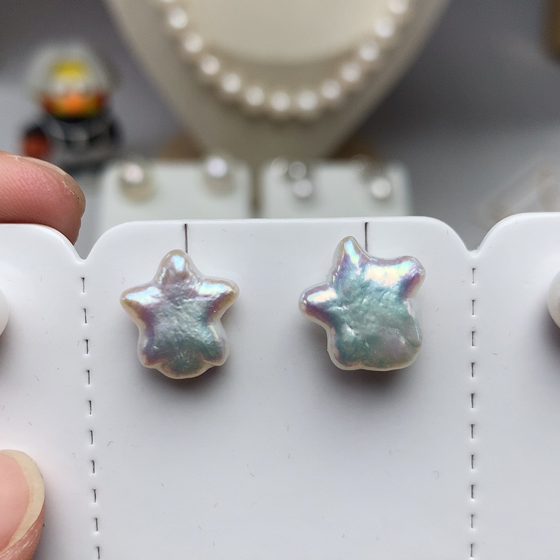 银S925镶嵌淡水珍珠耳饰星型巴洛克 耳钉