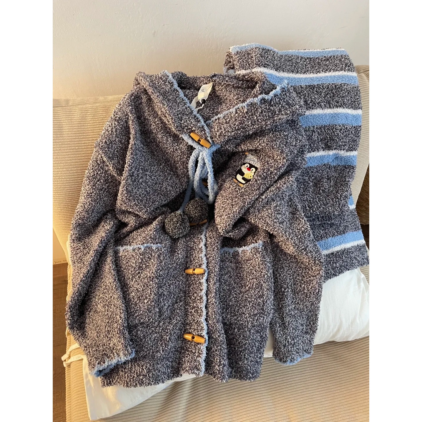 韩系企鹅半边绒连帽睡衣女秋冬新款针织开衫保暖加厚家居服套装