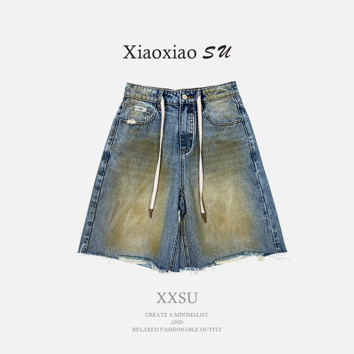 小小苏中腰阔腿裤低腰无弹薄款短裤阔腿毛边欧若新中式;ECF12012