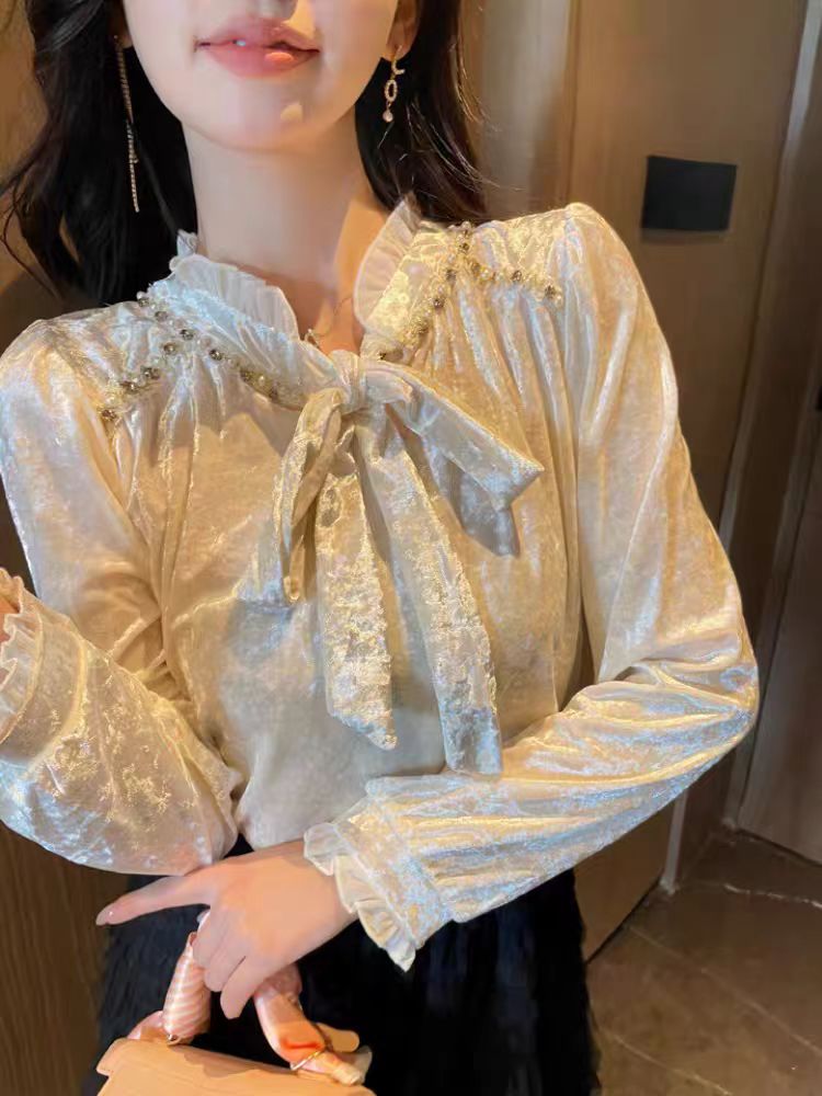 蝴蝶结丝绒上衣女春秋季2025新款法式高级感衬衫欧货洋气小衫爆款