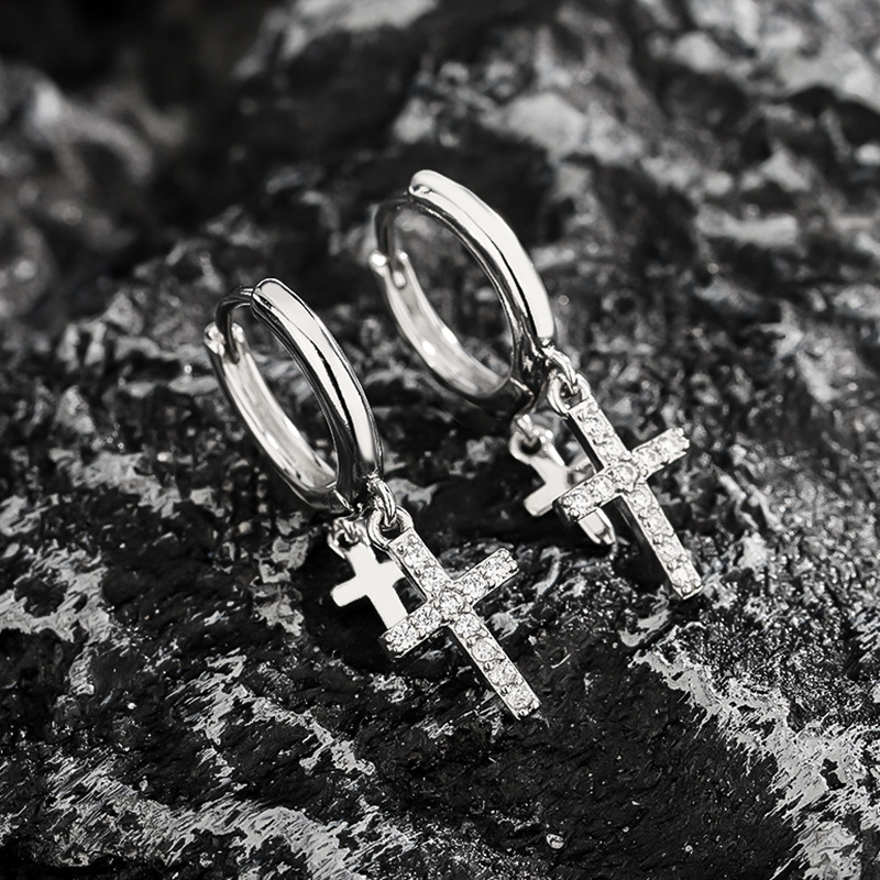 铜合金耳饰 男士耳环双镶钻高级感十字架小众耳饰个性复古欧美