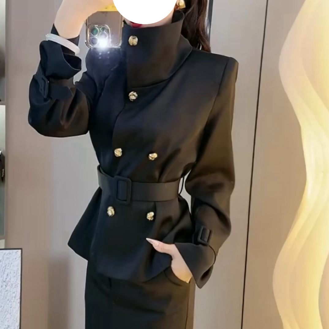 新款法式轻奢风衣短外套半身裙套装时尚女神范9190
