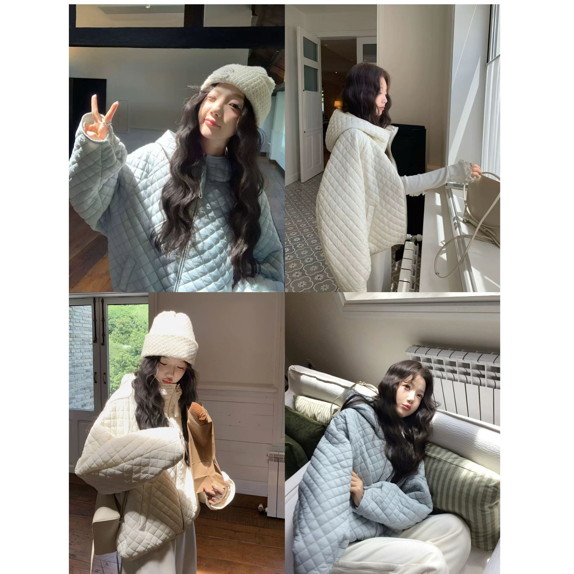【古古】菱格线条超韩宽松保暖百搭薄款休闲ins纯色冬季棉服G25495