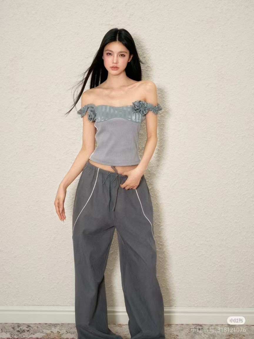 小众特色吊带显瘦原创设计背心一字肩加高腰休闲辣妹工装裤