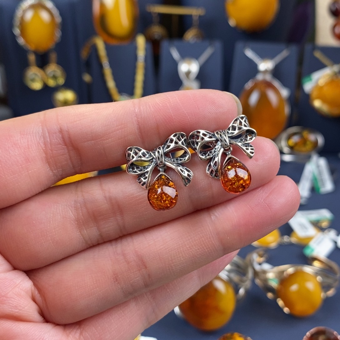琥珀耳饰银S925镀金镶嵌
