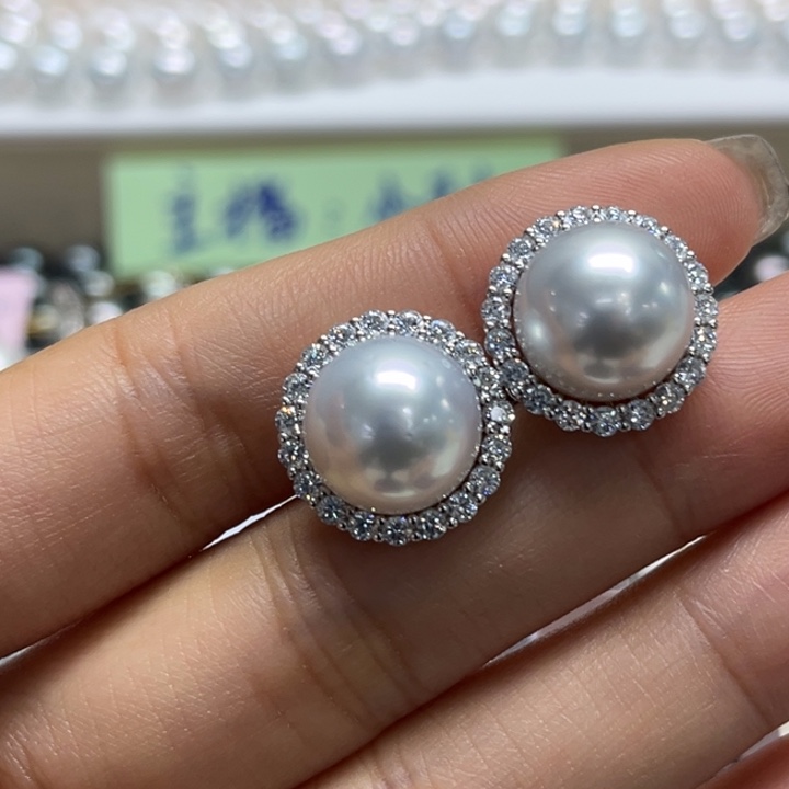 银S925镶嵌耳饰海水珍珠11-12mm95号