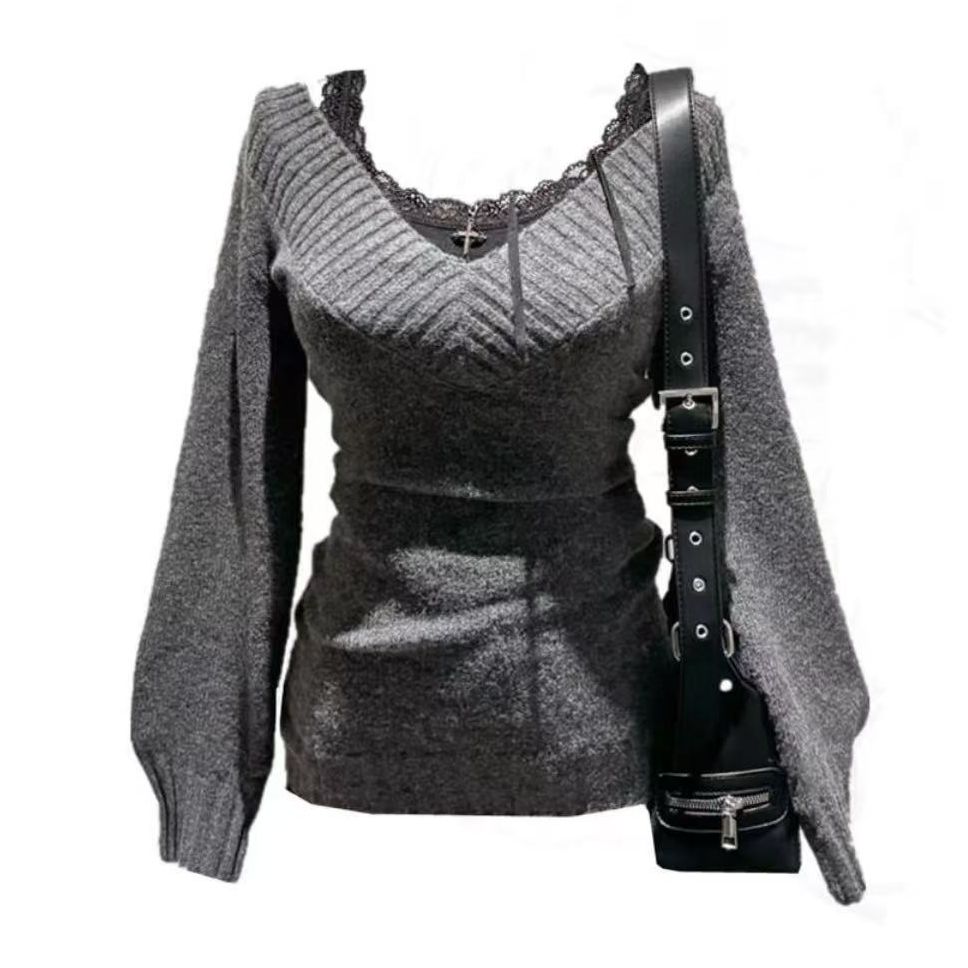 老郭的古着风秋冬V领辣妹复古修身性感辣妹显瘦t恤