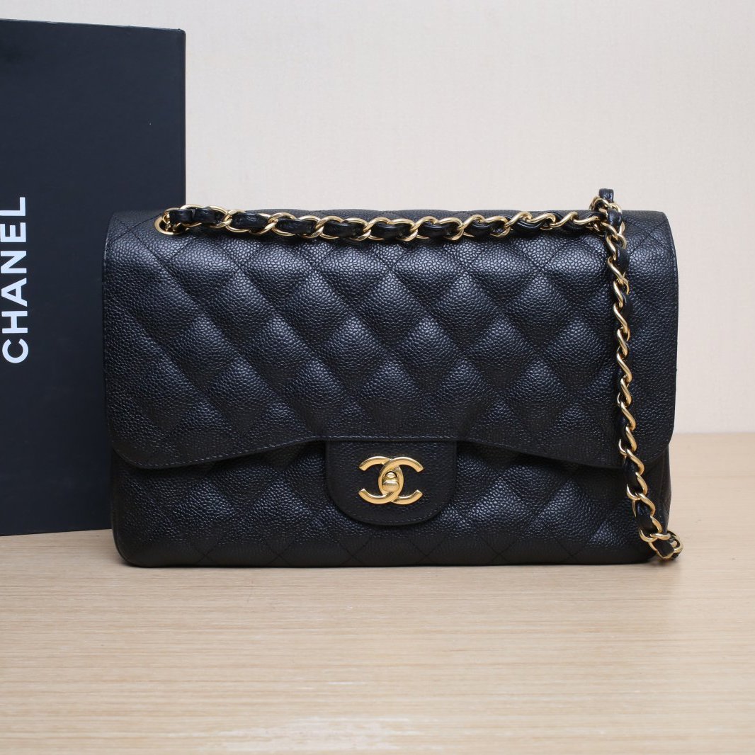 95新 Chanel/香奈儿 【黑黑】CF JUMBO 黑色 19开 金扣 菱格纹 