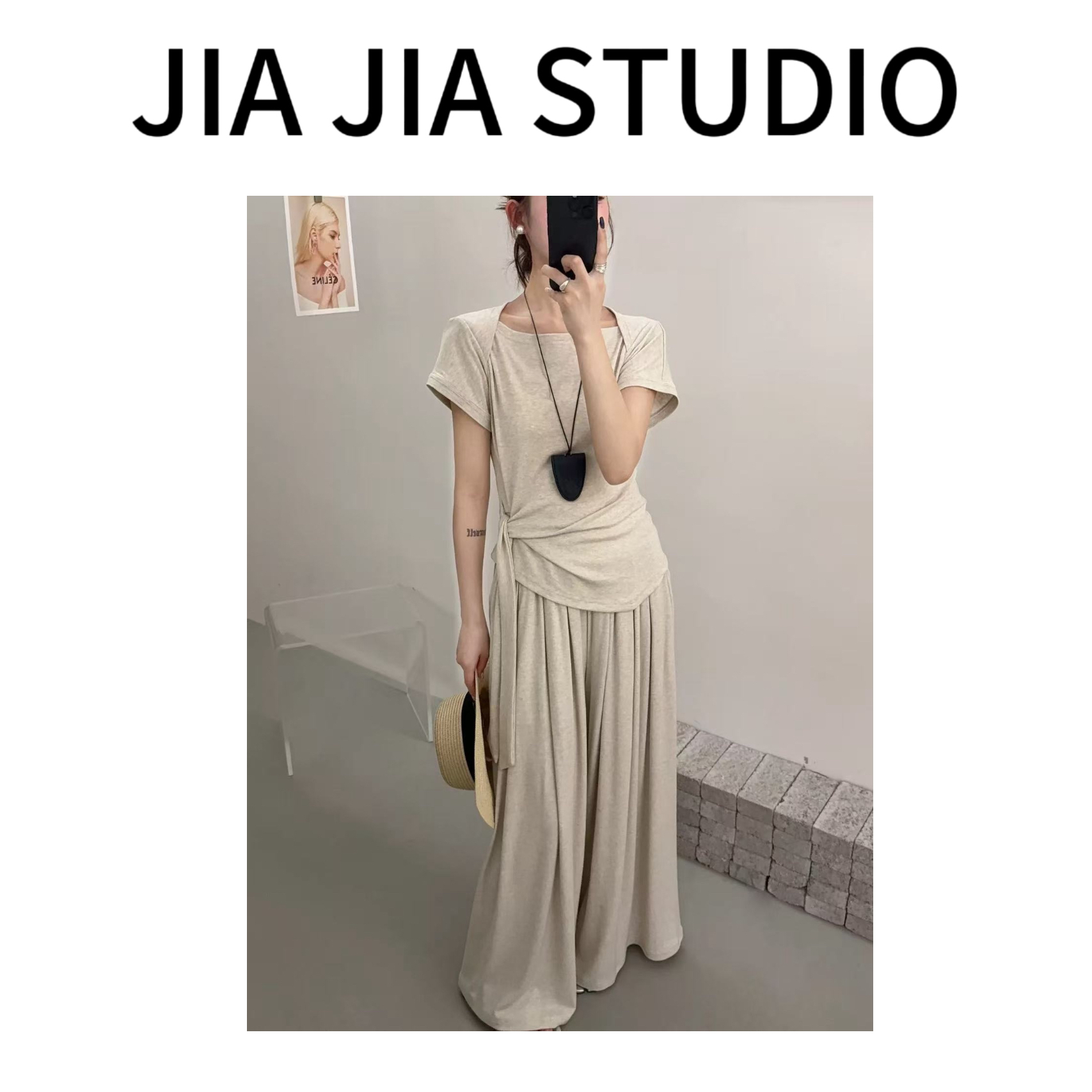 【嘉嘉推荐】#6423 夏季新款 慵懒风绑带短袖上衣＋阔腿裤两件套
