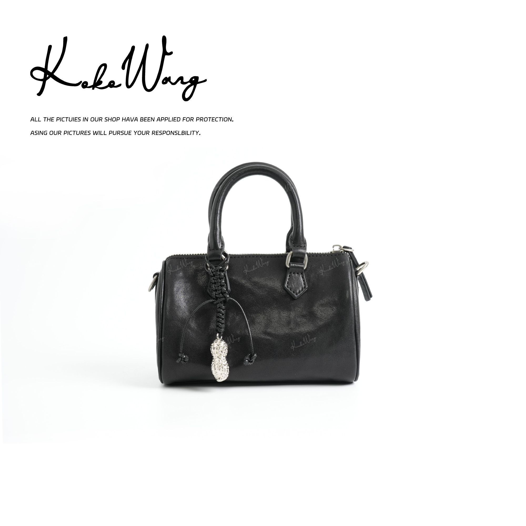 KOKO WANG头层水晶植糅牛皮波士顿手提斜挎枕头包X7415J14S08