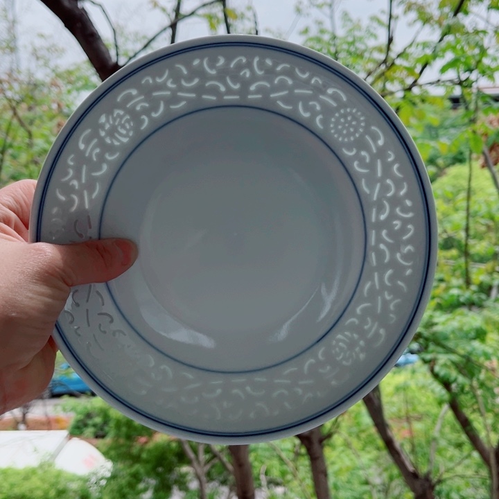 碗青花玲珑8寸窝盘满雕双福双线