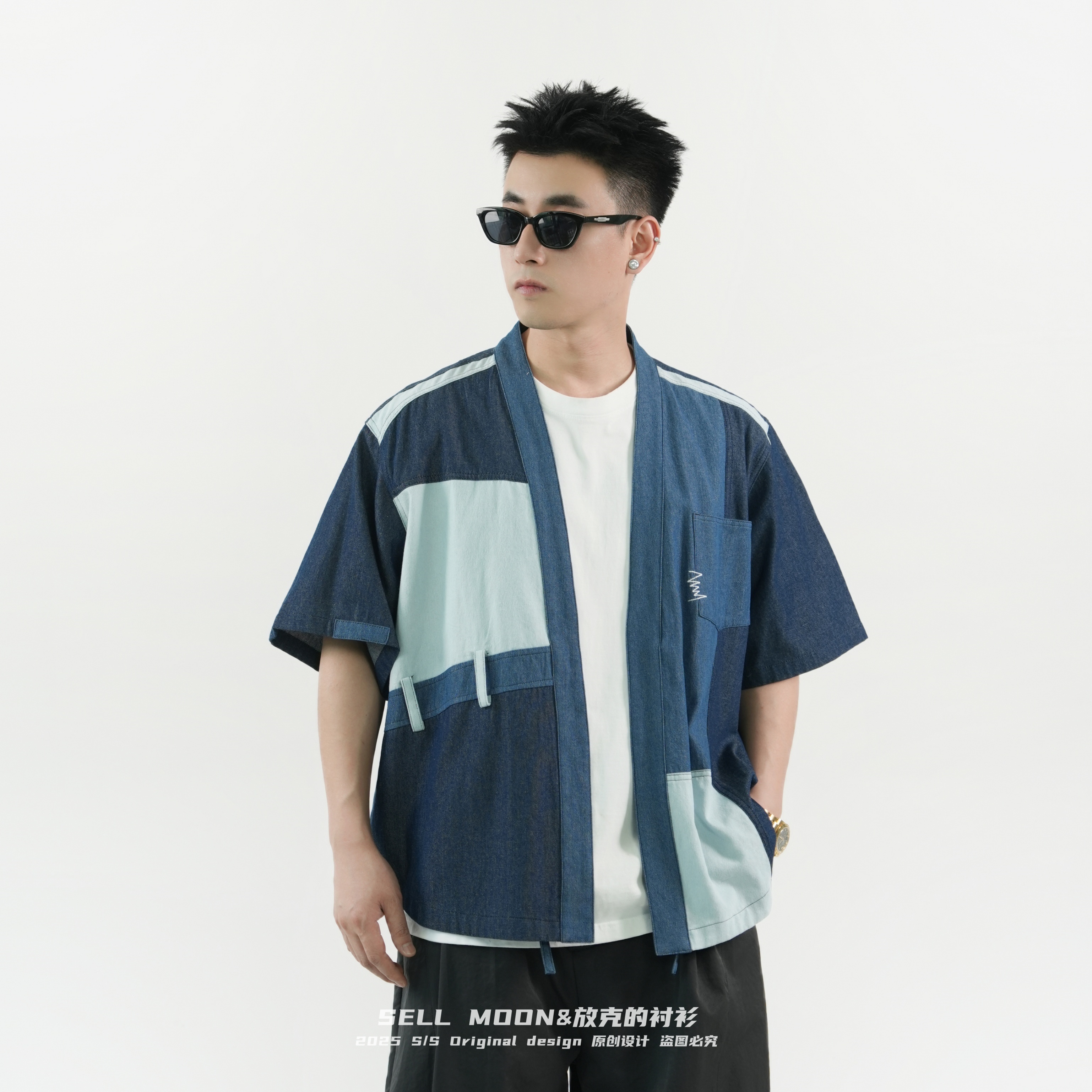 SELL MOON.2025 S/S拼接撞色宽松休闲牛仔道袍外套宽松百搭短袖