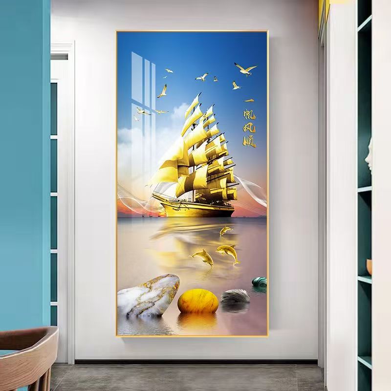 轻奢一帆风顺晶瓷玄关画入户走廊过道高档大气装饰挂画装饰画
