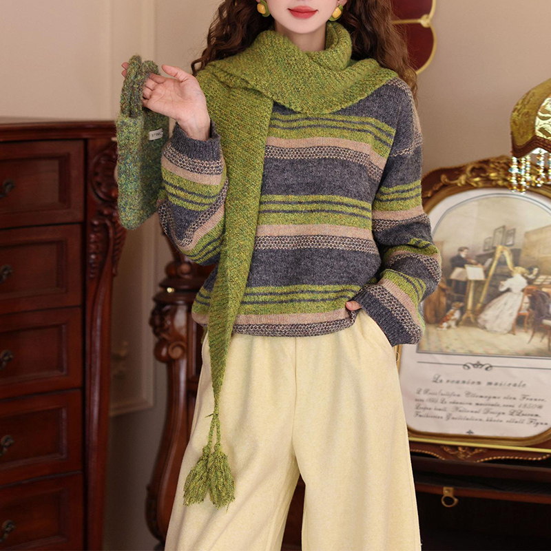 复古港风设计感长袖针织衫女2025冬季新款条纹拼色设计感百搭衣服