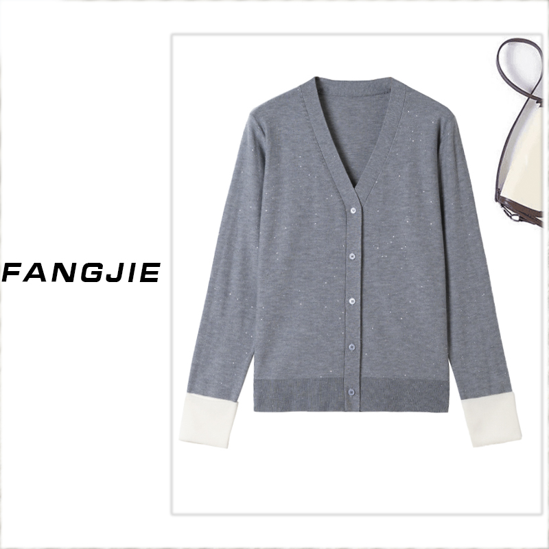 【芳姐专属】2025春季新款拼接袖宽松显瘦亮片开衫24002