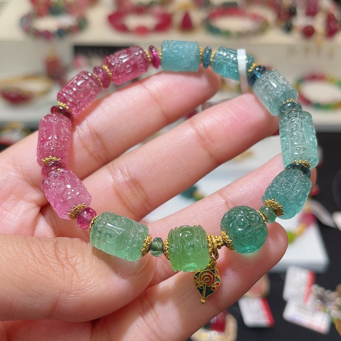 碧玺手链18K金镶嵌 回纹