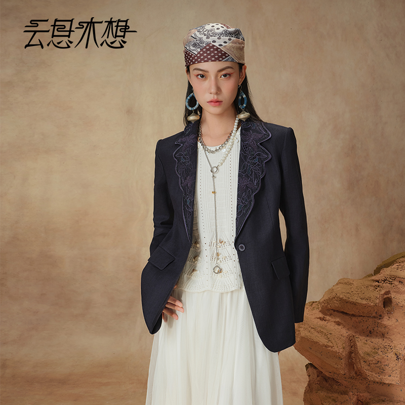 Ysimo-X云思木想 蝶戏牡丹 绣花珠粒绣100苎麻优雅西装13677