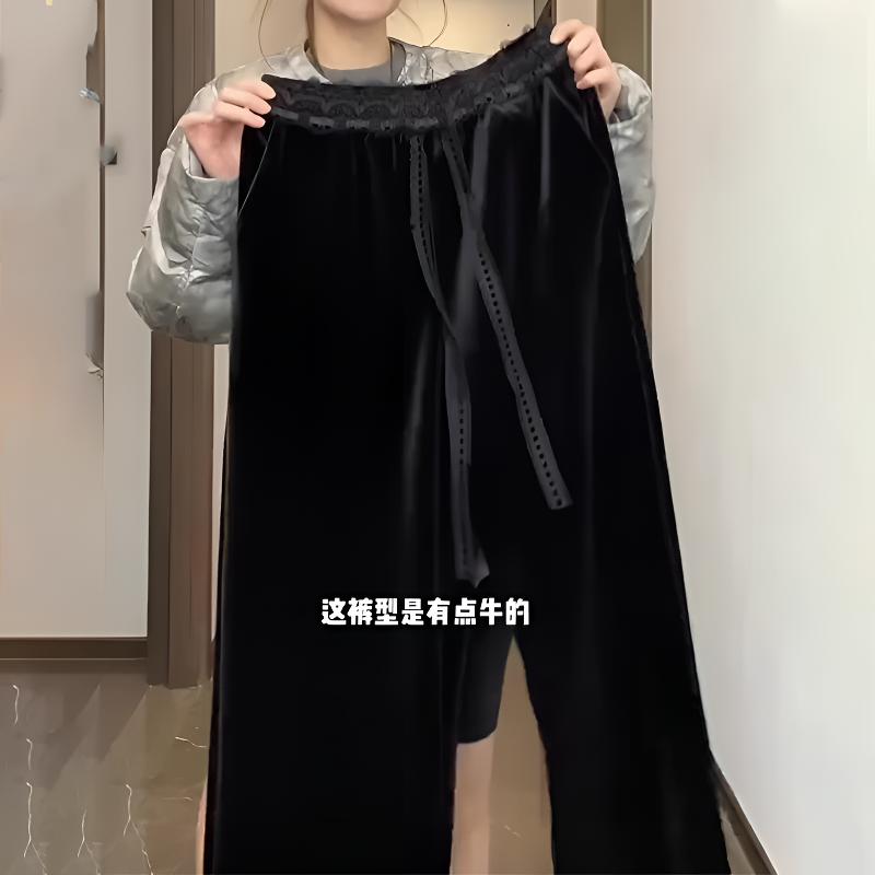 黑色金丝绒阔腿裤女款爆款2026新款显瘦大码直筒裤垂感宽松休闲裤商品图
