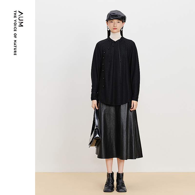 AUM噢姆25年秋季气质复古新中式提花国风黑色衬衣M1EG43129