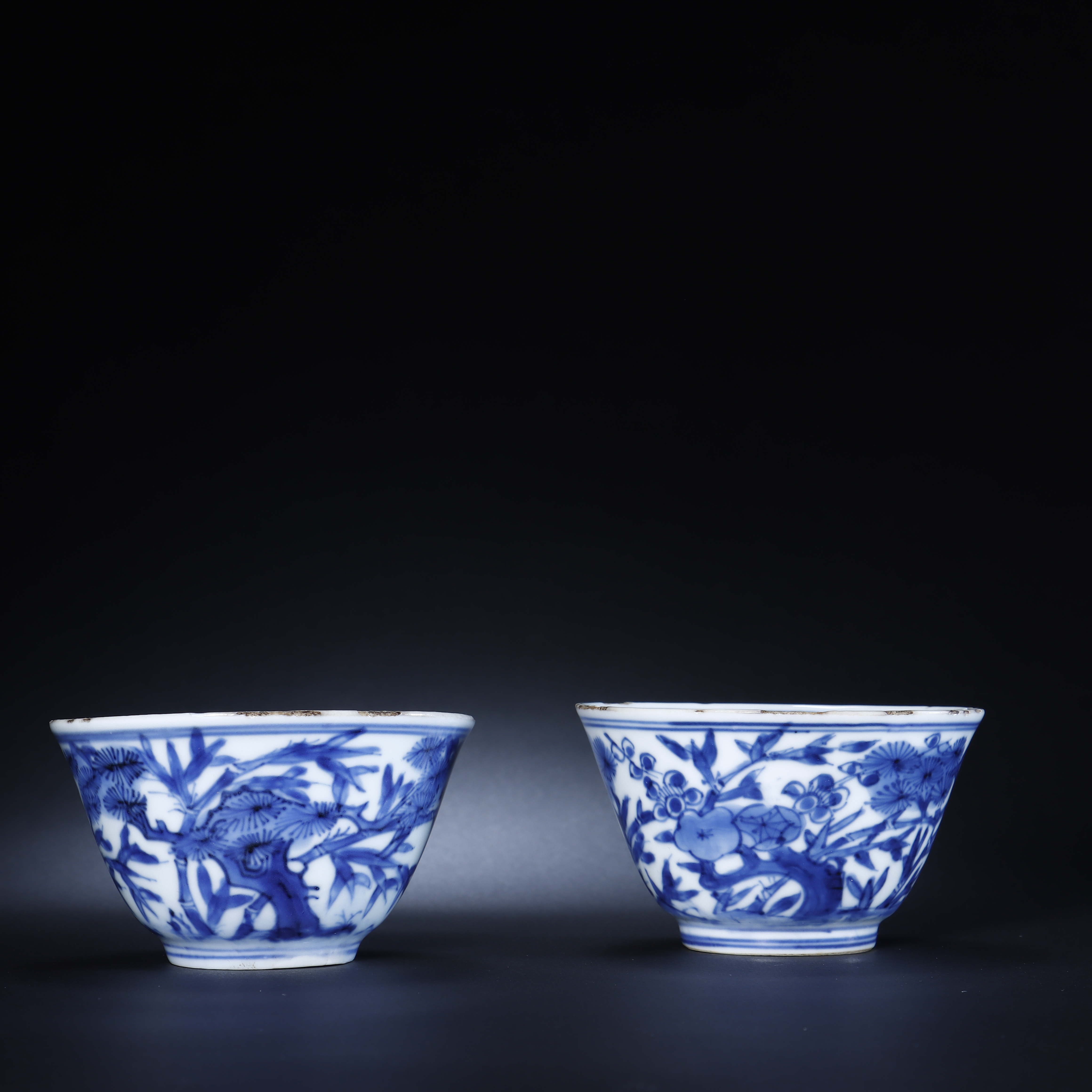 lot.10113 382 清康熙 青花松竹梅纹茶圆（一对）D:6