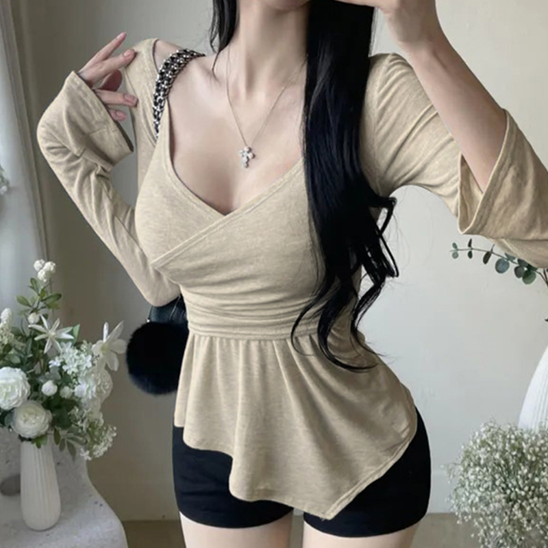 御姐性感低领显胸紧身长袖T恤女纯欲收腰显身材内搭交叉V领上衣夏