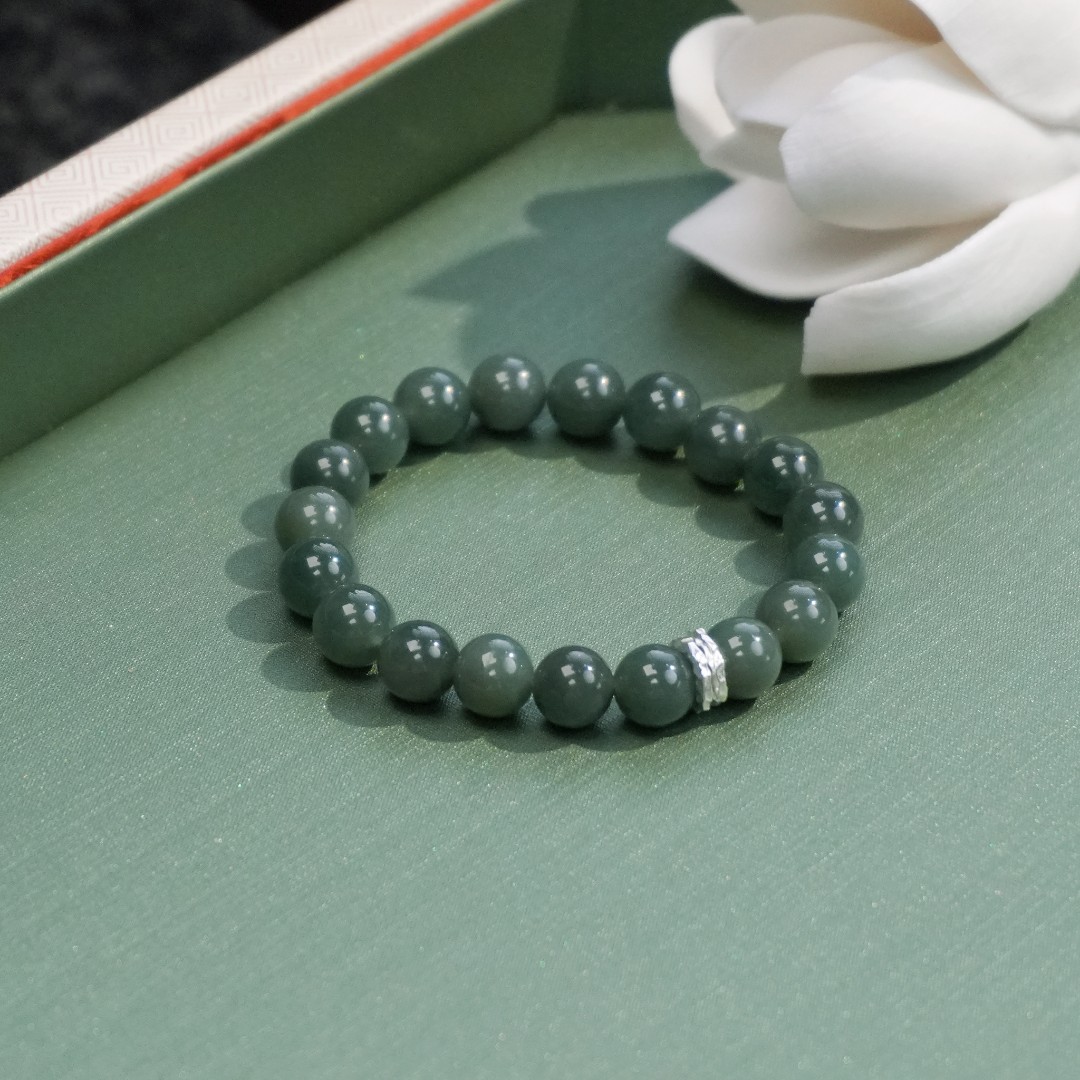 F967 和田玉银S925镶嵌 且末蓝8m圆珠双层银饰手串