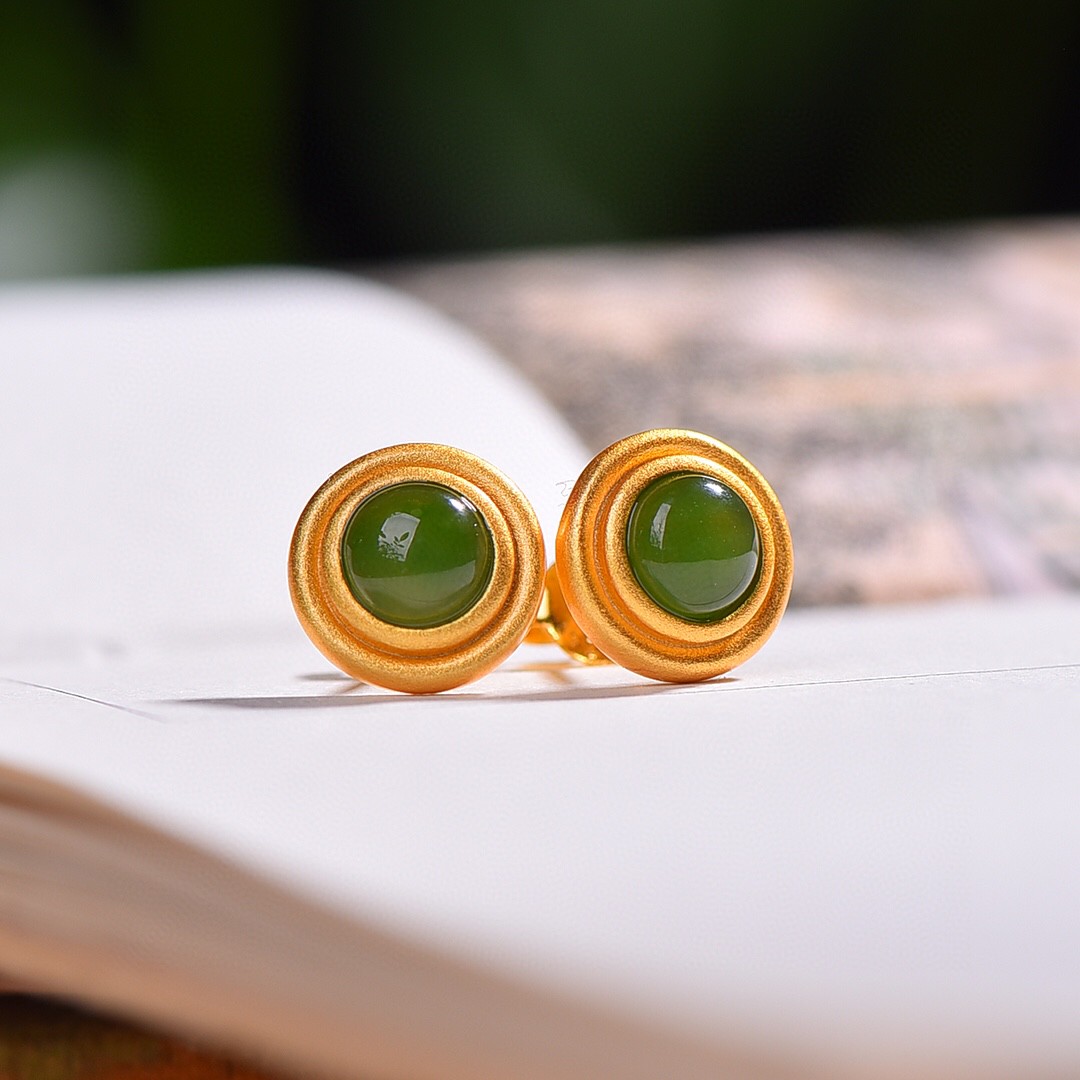 925银镶嵌和田玉碧玉蛋面耳钉编号17613-6#规格6×6 GR15